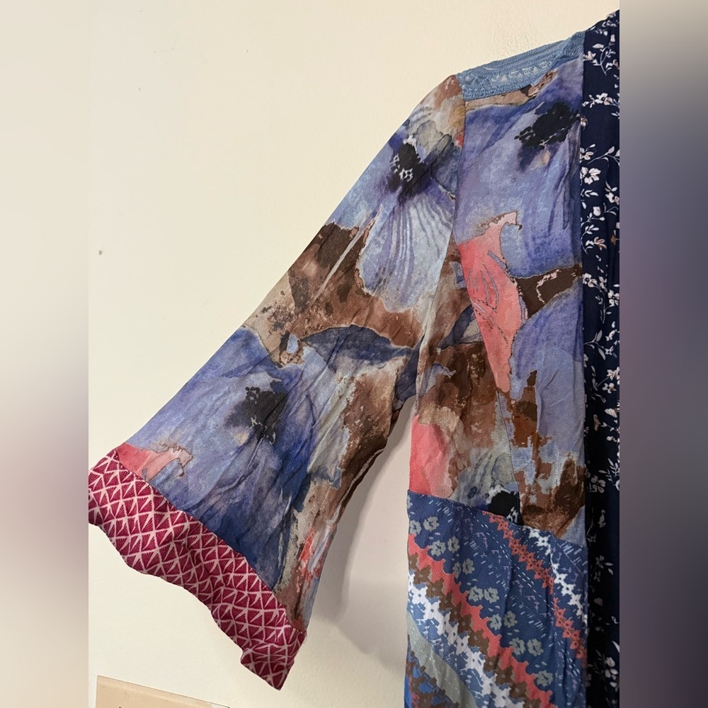 John Mark Navy Multicolor Open Front Patchwork Kimono, 3/4 Sleeves, size L EUC - Picture 3 of 8